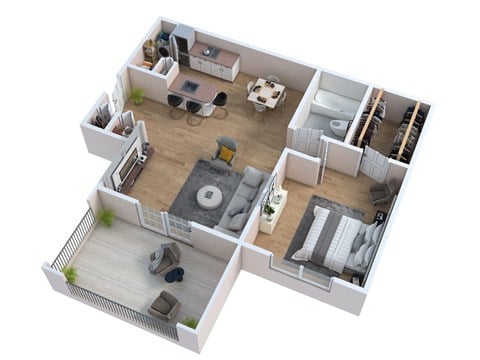 Floor plan for 1 bed, 1 bath, 762 sqft